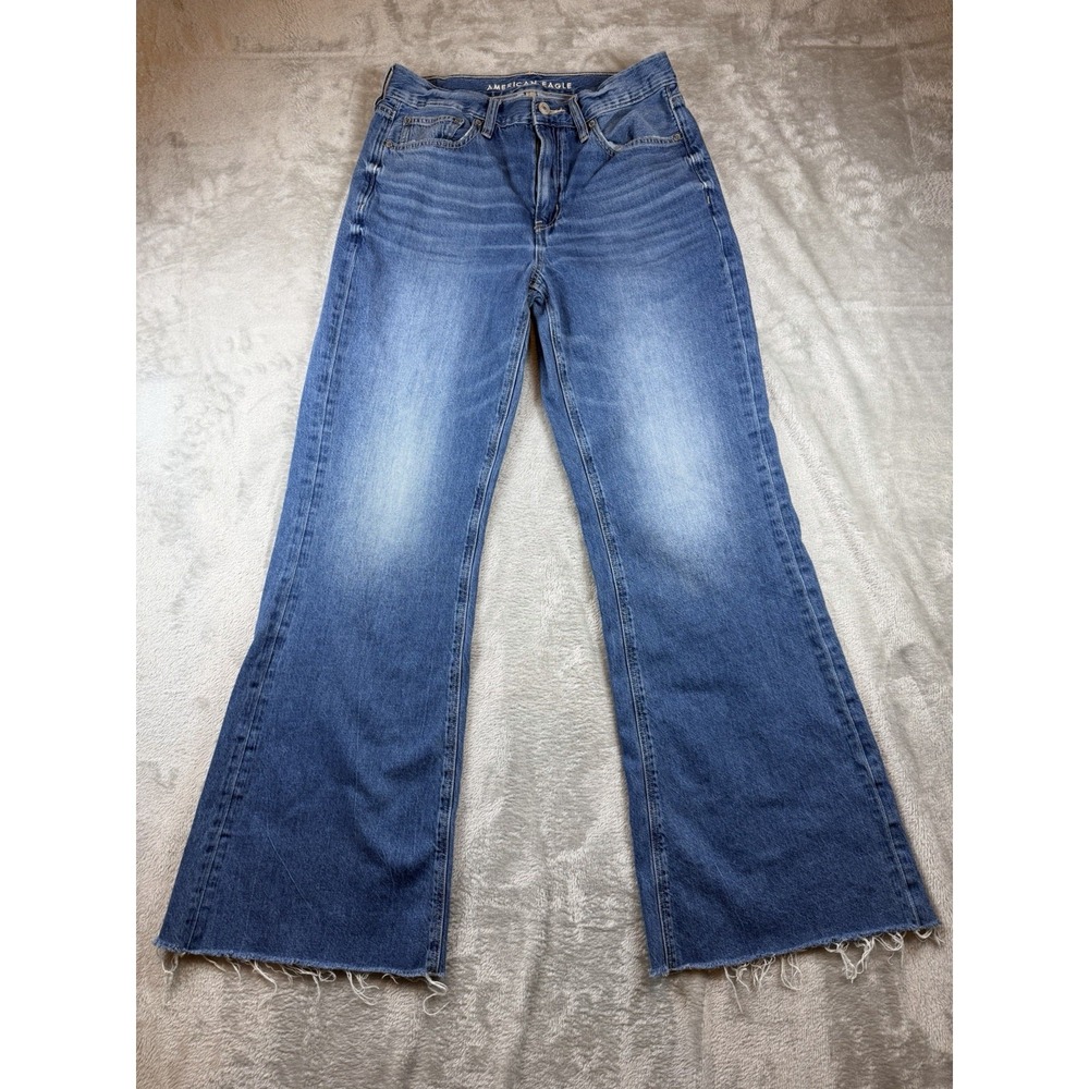 American Eagle Jeans Womens 6 Med/dark Blue Denim Low-Rise Baggy Flare Raw Hem